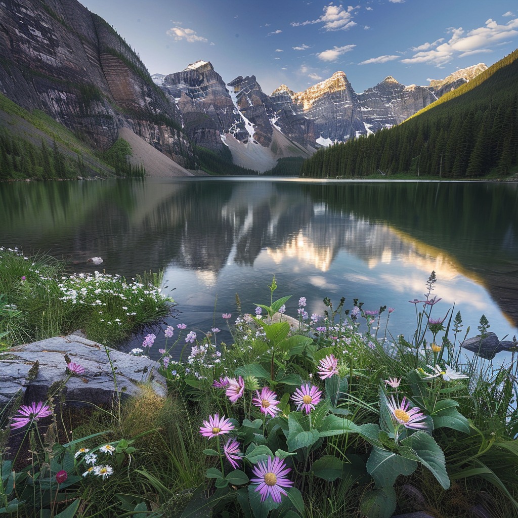 Wildflowers at the edge of a mountain lake with snowy peaks and reflections in calm water