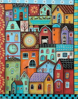 Colorful naive folk art painting of many whimsical houses and buildings in a village scene