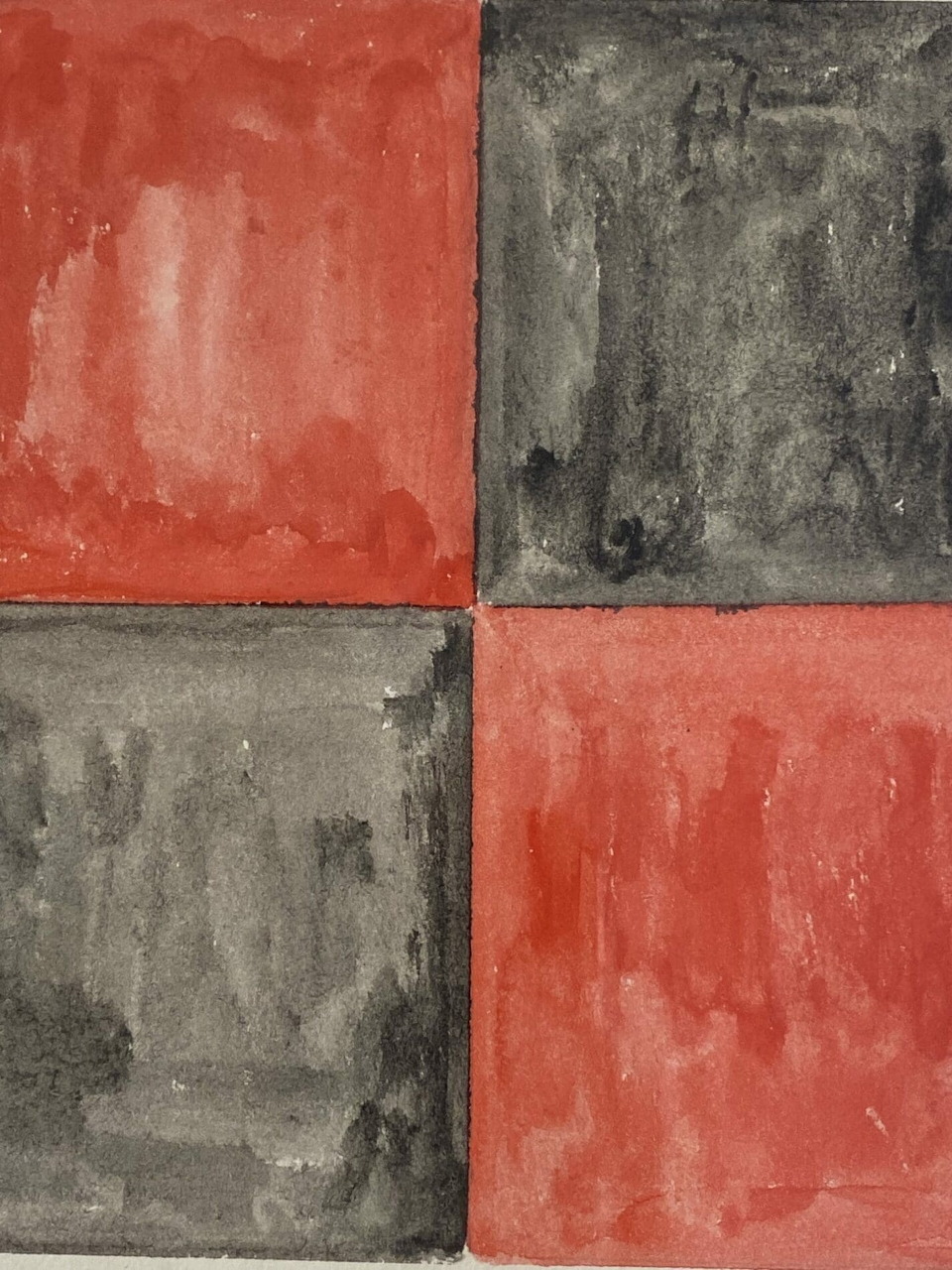 Abstract painting with four red and gray textured squares in a grid