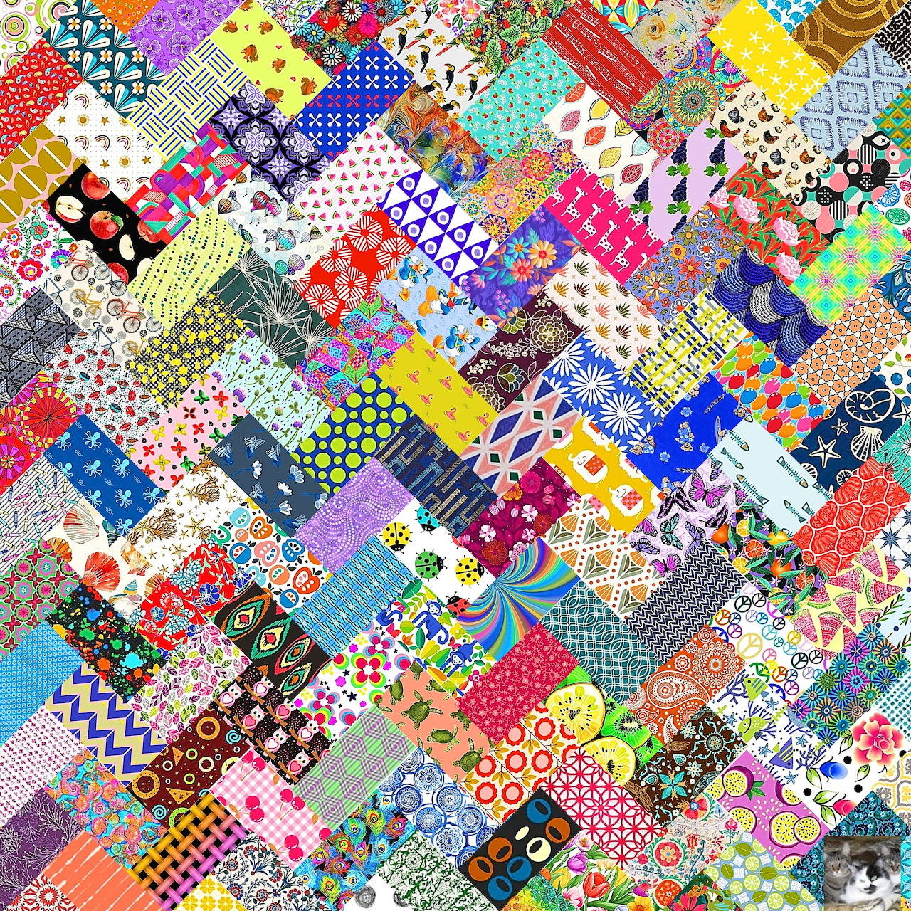 Dense patchwork quilt with multicolored fabric squares in various patterns including florals, dots, and geometric designs