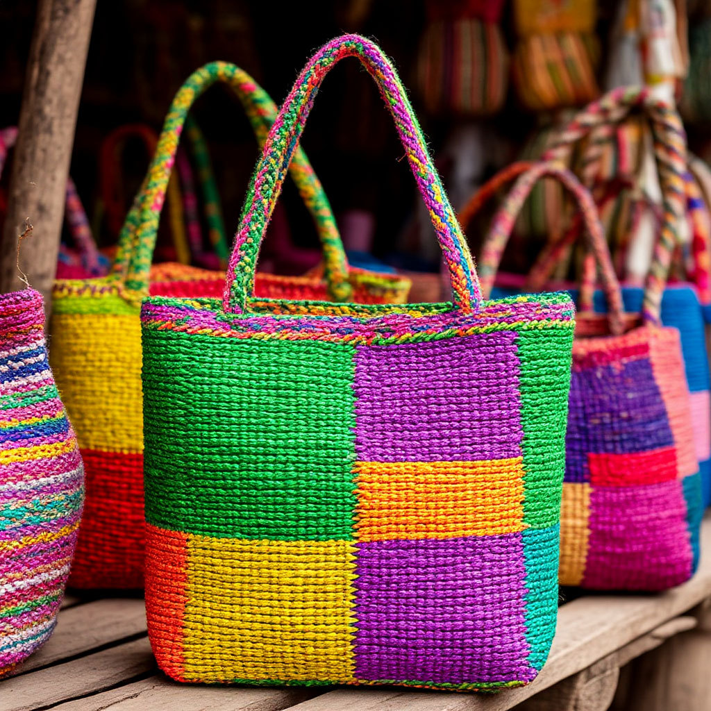 Row of colorful woven tote bags with striped patterns in bright colors including pink, yellow, green, and purple