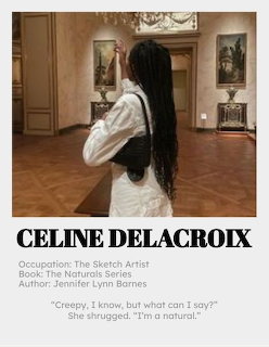 Character poster of Celine Delacroix, a woman with braids standing in an art gallery with paintings on the walls