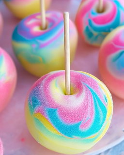 Pastel swirled candy apples on sticks arranged on a pink surface