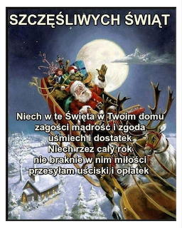 Polish Christmas card with Santa on sleigh pulled by reindeer under full moon, holiday message in Polish