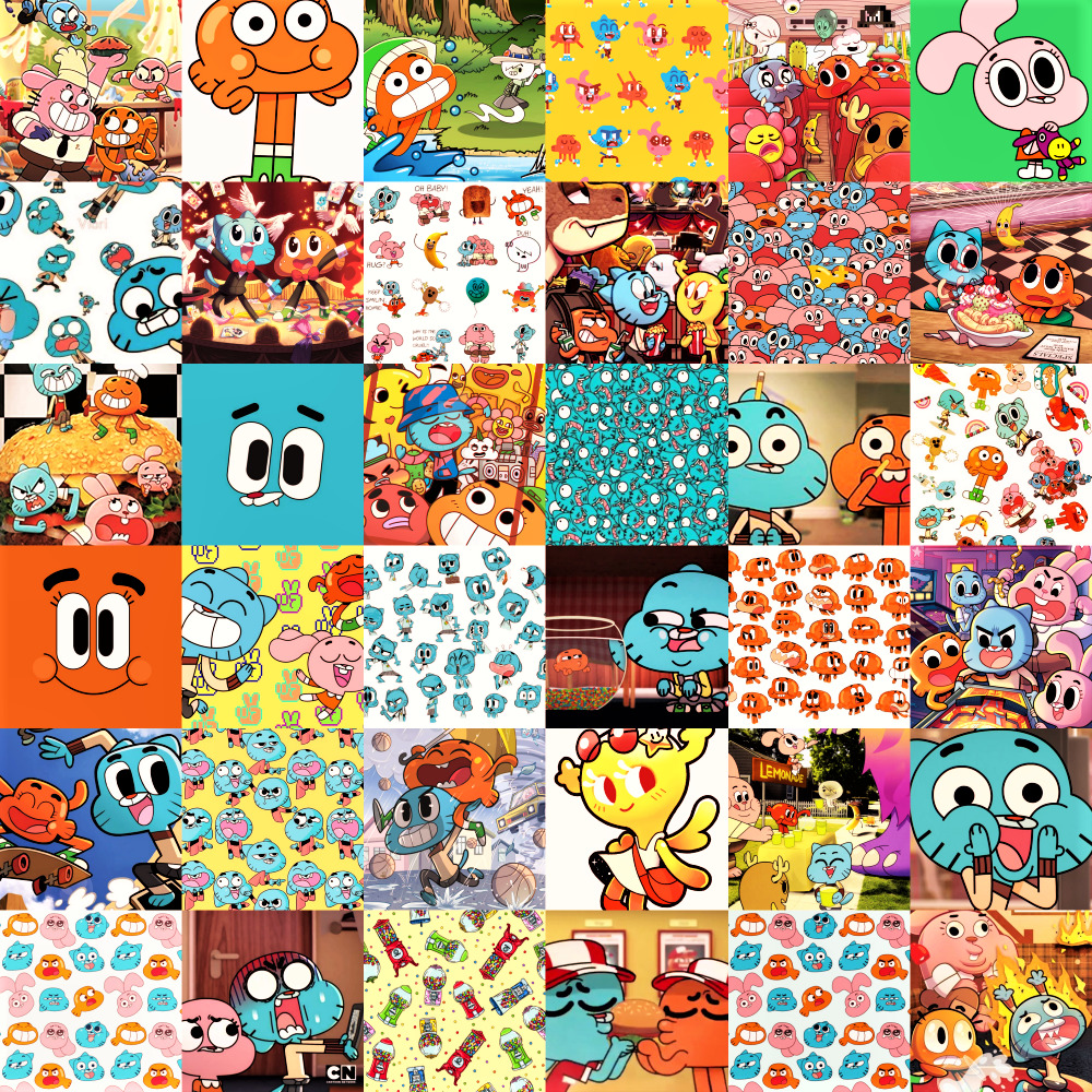 Grid collage of Amazing World of Gumball cartoon characters including Gumball cat and Darwin fish in colorful scenes
