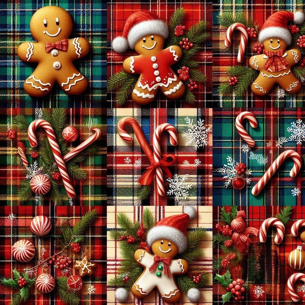 Christmas collage with gingerbread cookies, candy canes, Santa hats and ornaments on plaid