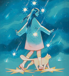 Girl in white dress with blue hair standing beside white cat under starry night sky with shooting stars