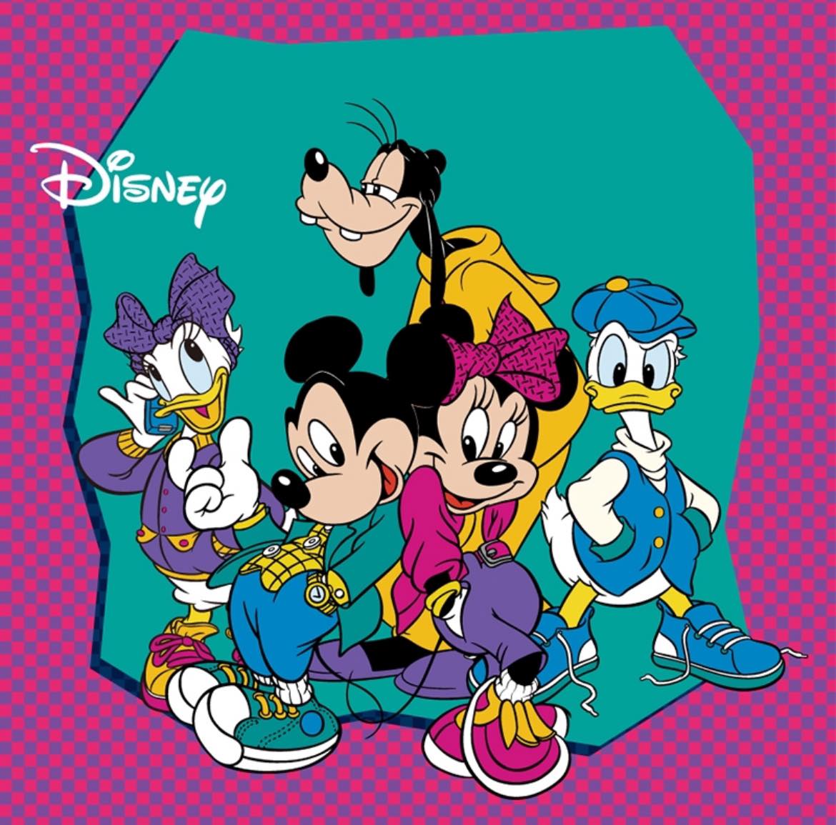 Mickey Mouse, Minnie, Donald, Daisy, and Goofy standing together in colorful outfits against teal background