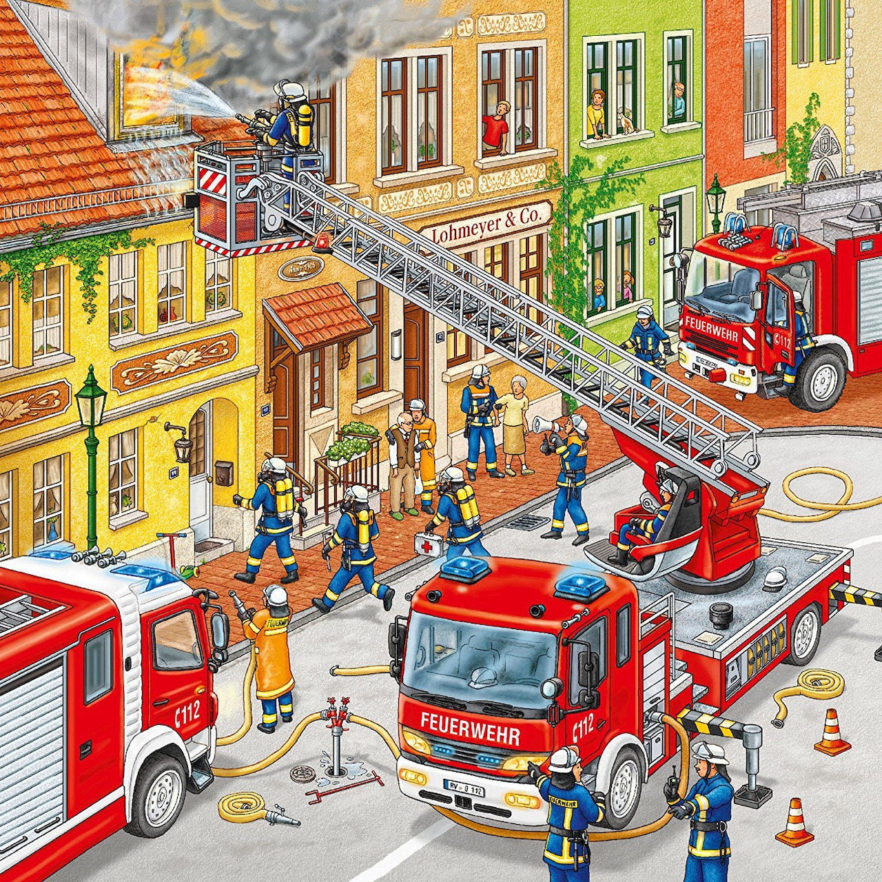 Illustrated fire truck scene with firefighters responding to emergency in colorful town buildings