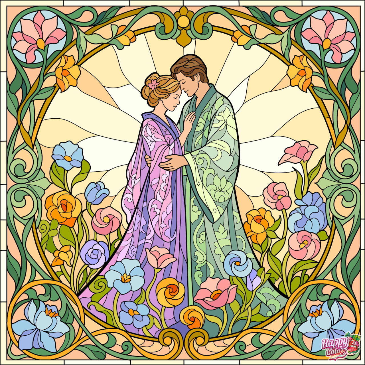 Art nouveau stained glass illustration of a couple embracing, surrounded by pastel flowers and curling vines