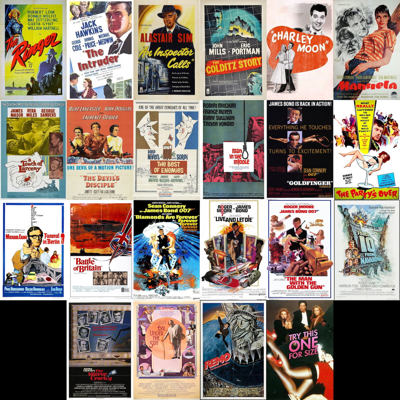 Grid collage of vintage movie posters from Guy Hamilton directed films including Bond movies and classic cinema