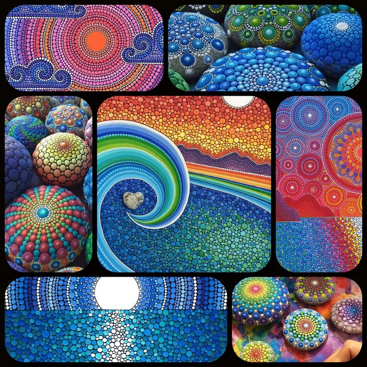 Collage of colorful abstract pebble and dot patterns with spirals, waves, and circular designs