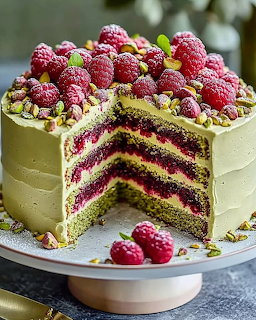 Layer cake topped with raspberries and pistachios, showing colorful striped interior