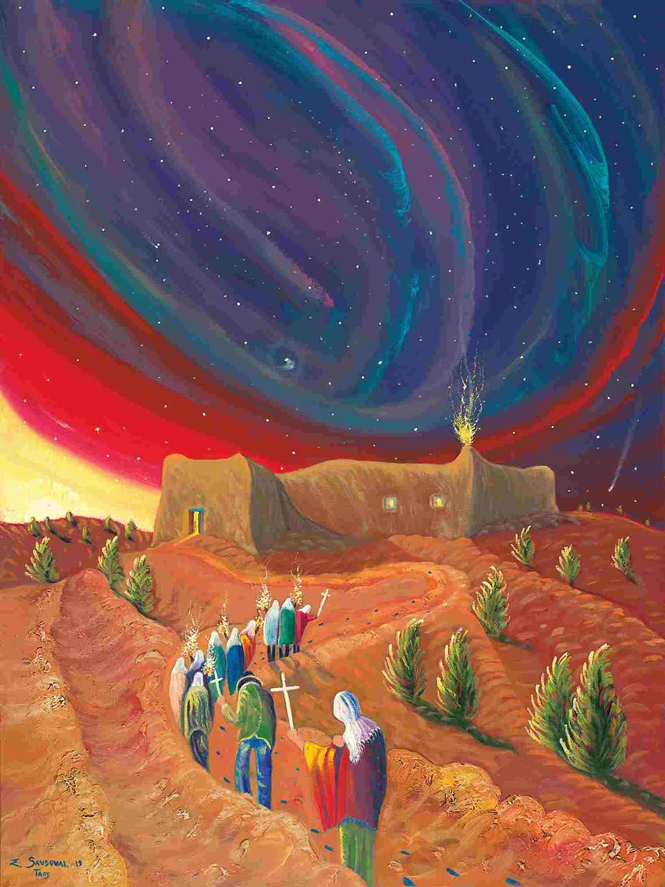 Painting of robed pilgrims walking toward an adobe structure under a swirling starry night sky