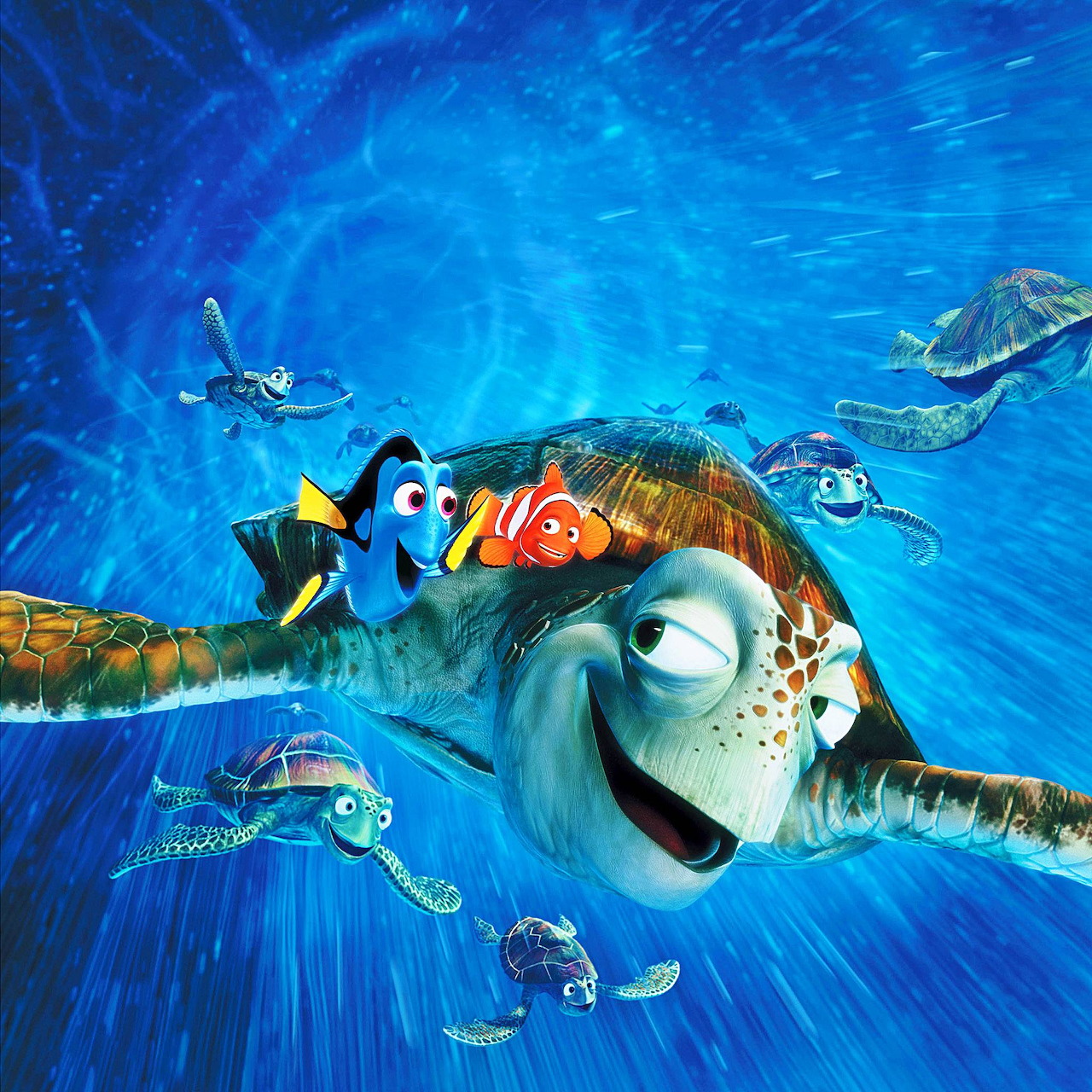 Finding Nemo characters swimming underwater including clownfish, blue tang, and sea turtles in bright blue ocean