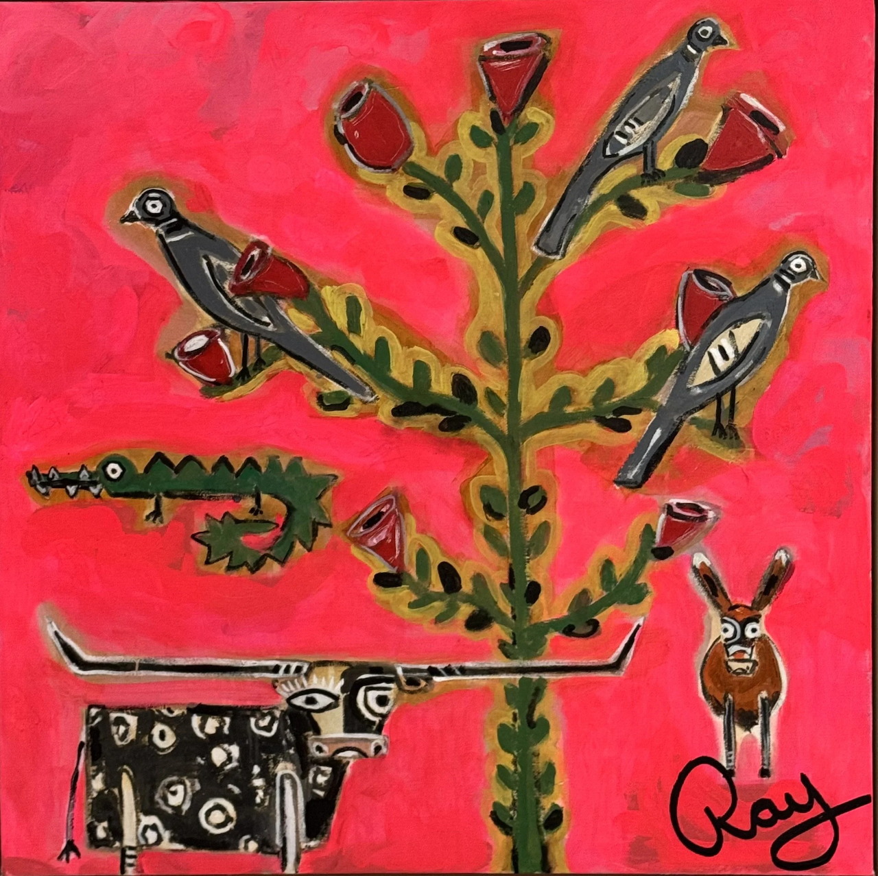 Naive folk art painting of a tree with birds, a crocodile, a cow, and a deer on a pink background