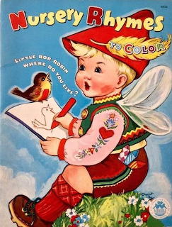 Vintage nursery rhymes coloring book cover showing child in Dutch costume with red hat and bird on hand