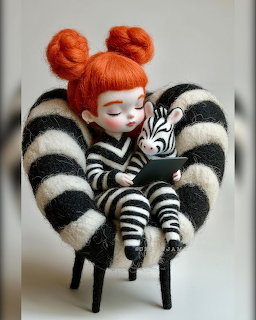 Needle-felted doll with orange hair sitting in a striped chair holding a tiny zebra