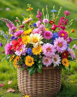 Colorful mixed flower bouquet arranged in woven basket on green grass with garden background