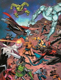 Comic art showing Marvel superheroes battling on a red alien planet with colorful characters in dynamic action poses