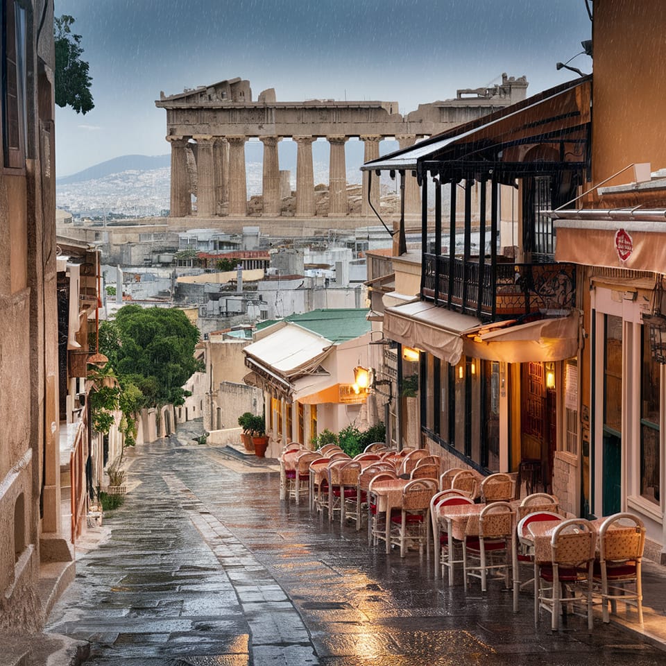 Narrow Athens street with café chairs and tables, Acropolis Parthenon visible in background at dusk