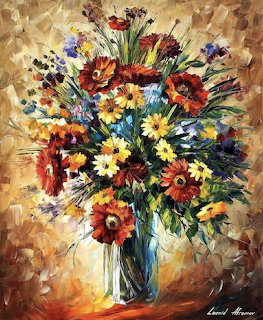 Palette knife oil painting of a colorful flower bouquet with poppies and daisies in a glass vase