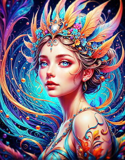 Fantasy portrait of woman with elaborate crown and flowing ornamental design in blue, orange and gold tones