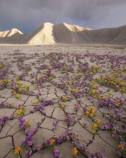 Wildflowers growing through cracked desert ground with sand dunes and mountains behind