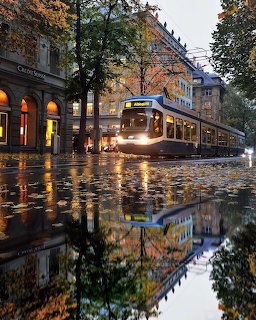 Zürich Tram Rain Reflection