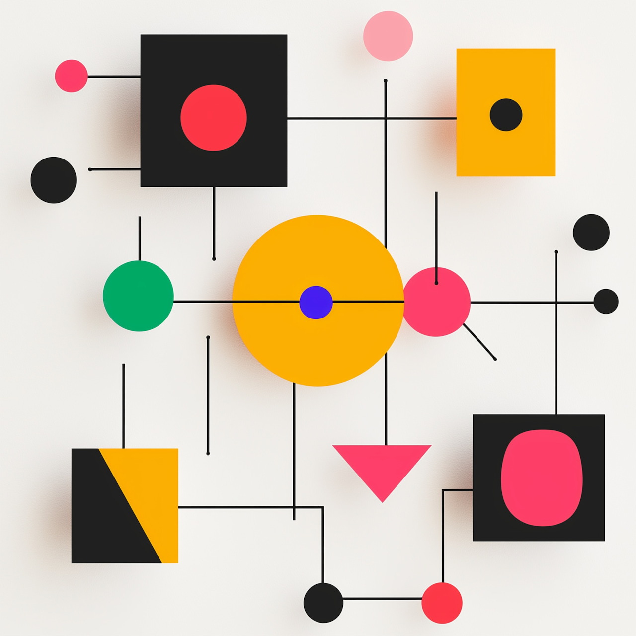 Abstract geometric art with circles, squares, triangles and connecting lines in bright colors on white background