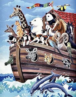 Colorful illustration of Noah's Ark filled with animals sailing on wavy ocean waters under a cloudy sky