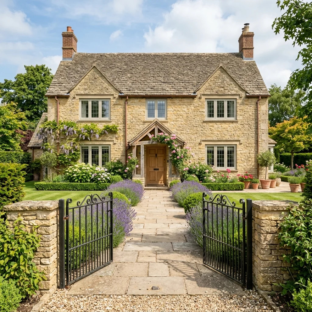 Stone country house with iron gates, a paved path, and lavender-lined garden beds