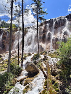 Large white waterfall cascading over mineral deposits among tall pine trees under blue sky