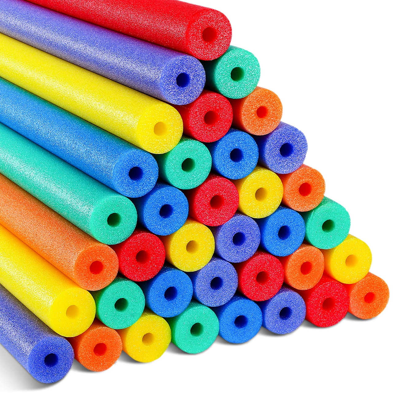 Colorful foam pool noodles stacked in a triangular arrangement on white background