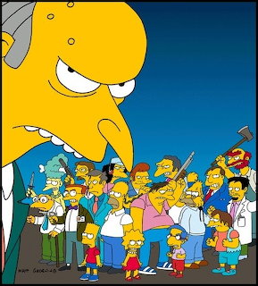 The Simpsons characters in a crowd scene with Mr. Burns' face overhead