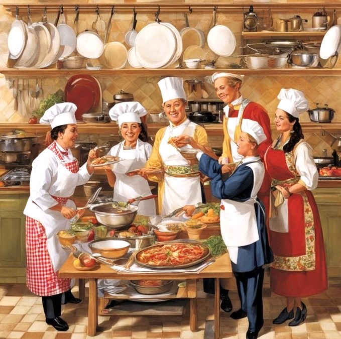 Five chefs in a rustic kitchen standing around a table with food and cooking bowls