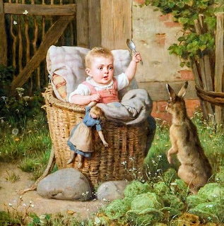 Baby in wicker basket with rabbits in garden setting, vintage painting style