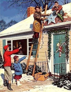Vintage illustration of a family decorating a snowy house for Christmas with lights and a roof star