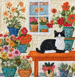 Quilted scene of a tuxedo cat on an orange bench with colorful flowers in pots on shelves and windowsill