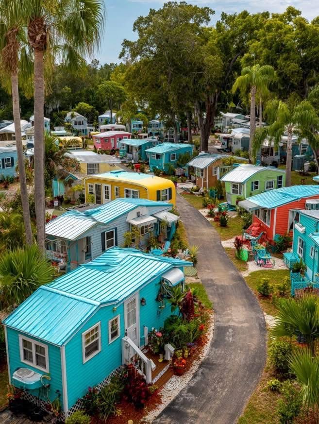 Aerial view of colorful tiny cottages with blue roofs along a curved road surrounded by palm trees