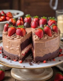 Chocolate cheesecake with strawberries on top, one slice cut out, displayed on a white cake stand