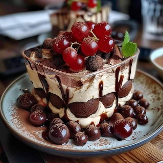 Layered chocolate cake with cherries and chocolate truffles on top, chocolate drizzle, served on a blue-rimmed plate