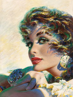 Vintage painted portrait of a glamorous woman with curly hair, red lips, and large ornate jewelry