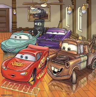 Lightning McQueen, Mater and other Disney Cars characters inside a wooden room