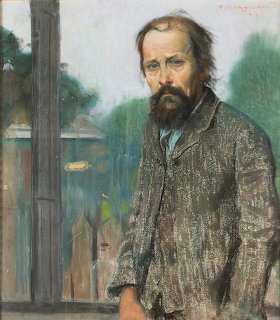Oil painting portrait of a bearded man in a dark coat with trees and a building behind him