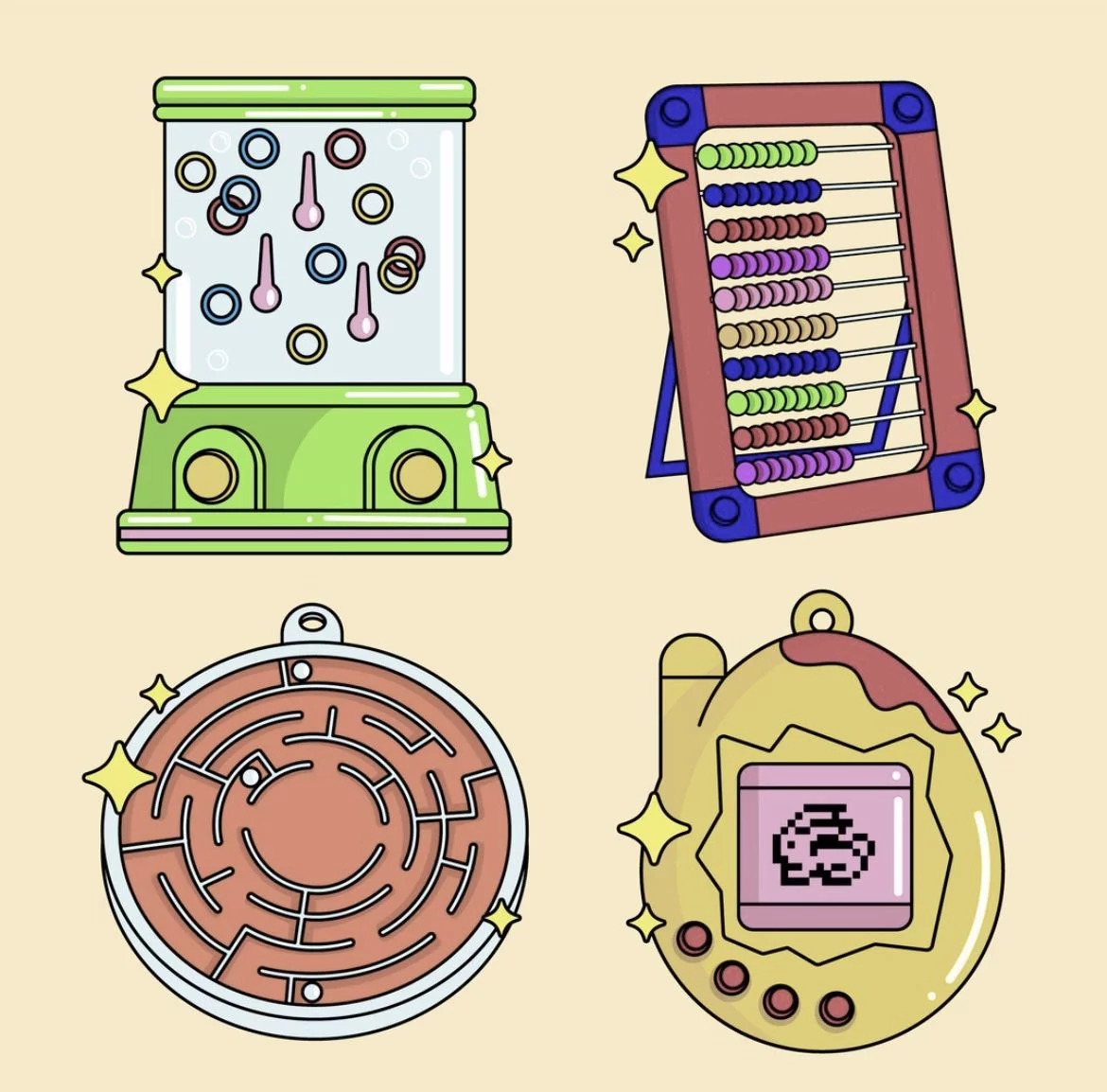 Illustration of four retro toys and gadgets including an abacus, mazes, and a virtual pet device