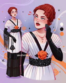 Illustrated red-haired woman in white1910s gown with black gloves and orange rose detail, Titanic-inspired fan art