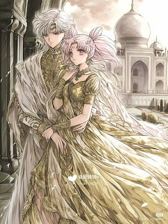 Anime couple in ornate golden outfits embracing before a white domed palace backdrop