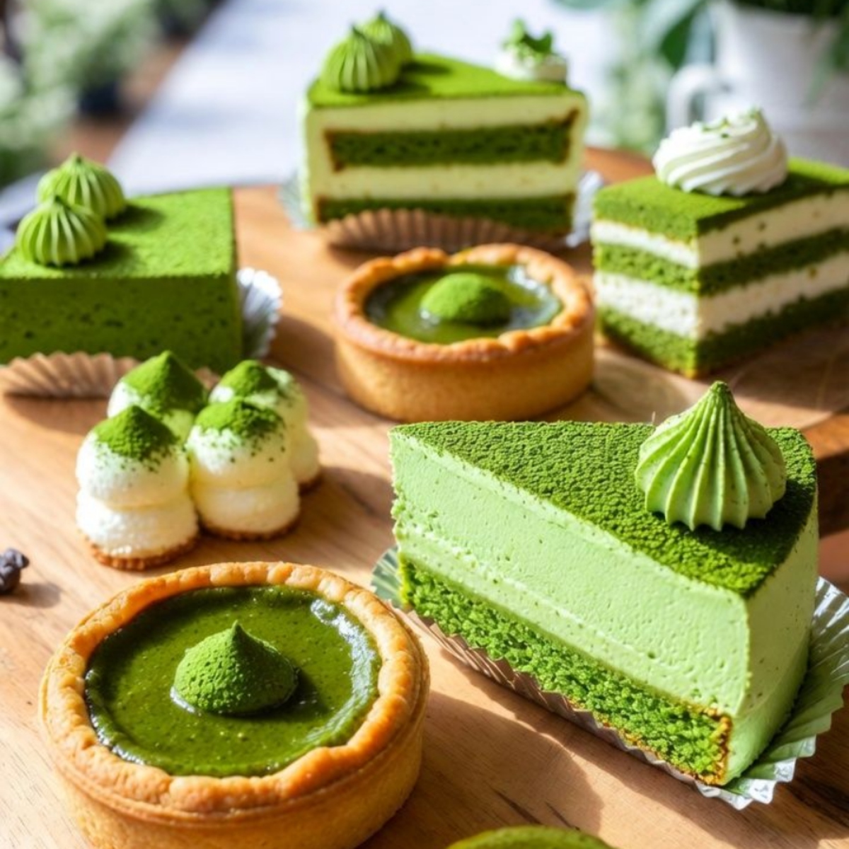 Assorted matcha green tea desserts and pastries on wooden serving board
