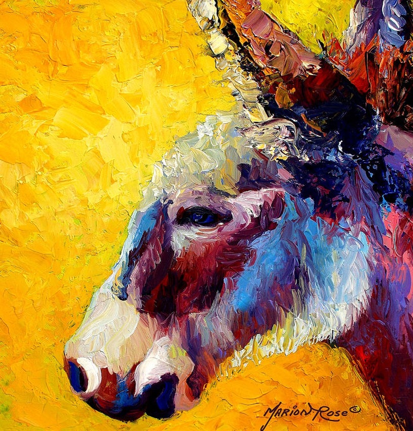 Colorful painting of a donkey head against a bright yellow background